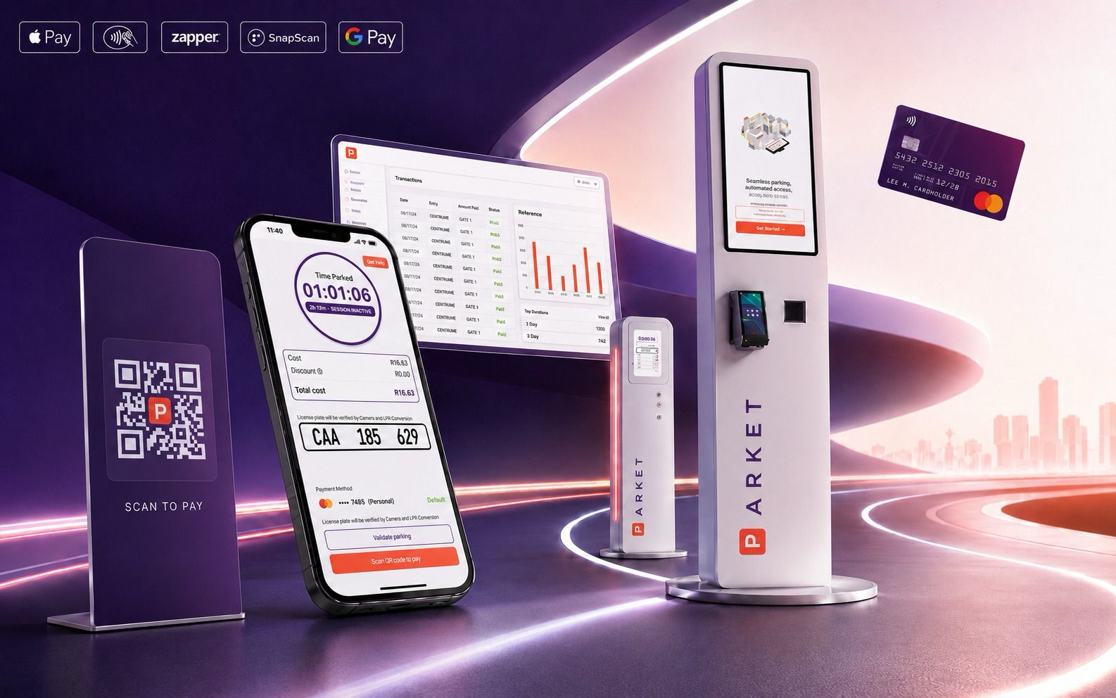 Parket payments ecosystem: smartkiosk, Parket app with QR pay, scan-to-pay stand, floating transactions dashboard, and accepted payment methods including Apple Pay, Zapper, SnapScan and Google Pay